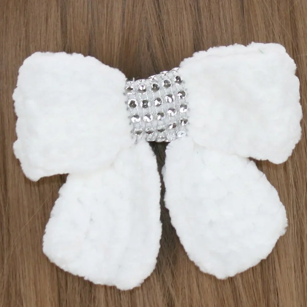 HAND CRAFTED Hair Bow Kids Crochet Chenille Velvet Hair Barrette Oversized White